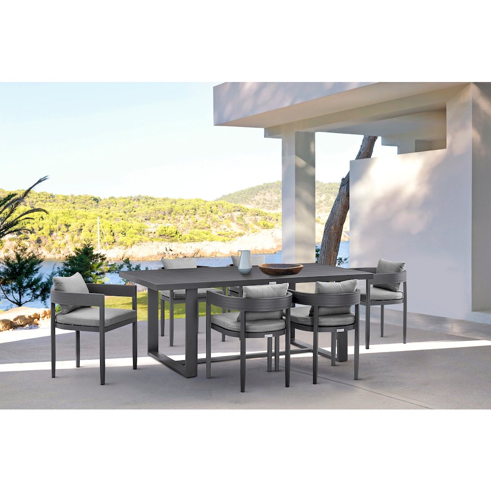 Menorca Outdoor Patio 7-Piece Dining Table Set in Aluminum with Gray Cushions. Picture 10