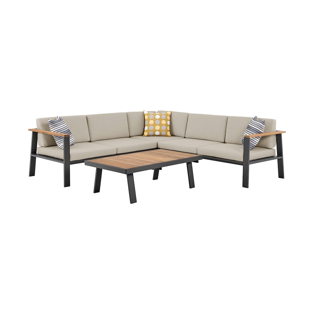 Nofi Outdoor Patio Sectional Set in Gray Finish with Taupe Cushions and Teak Wood. Picture 1
