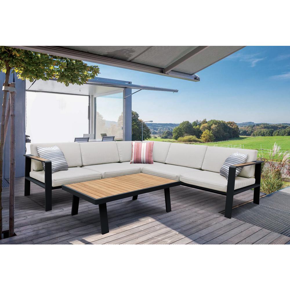 Nofi Outdoor Patio Sectional Set in Gray Finish with Taupe Cushions and Teak Wood. Picture 3