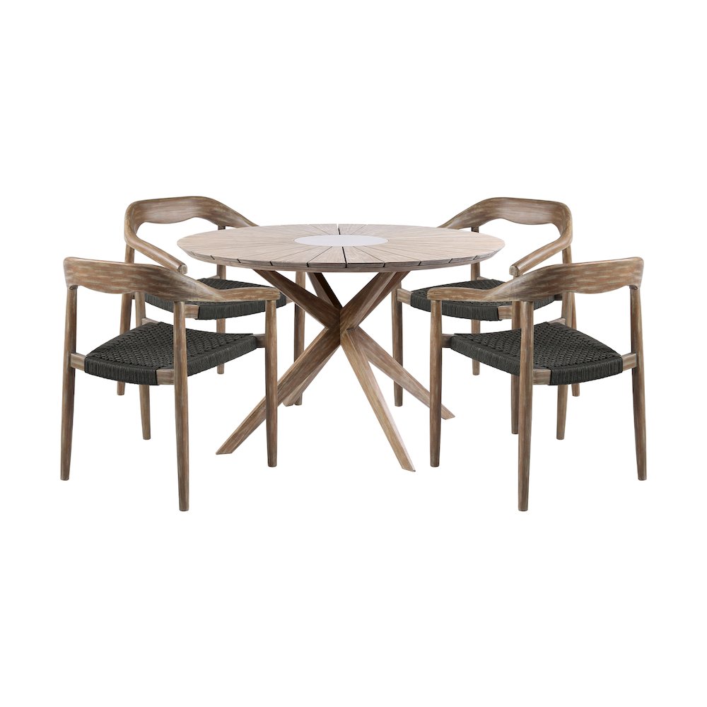 Outdoor Patio 5 Piece Round Dining Set in Eucalyptus Wood and Charcoal Rope. Picture 1