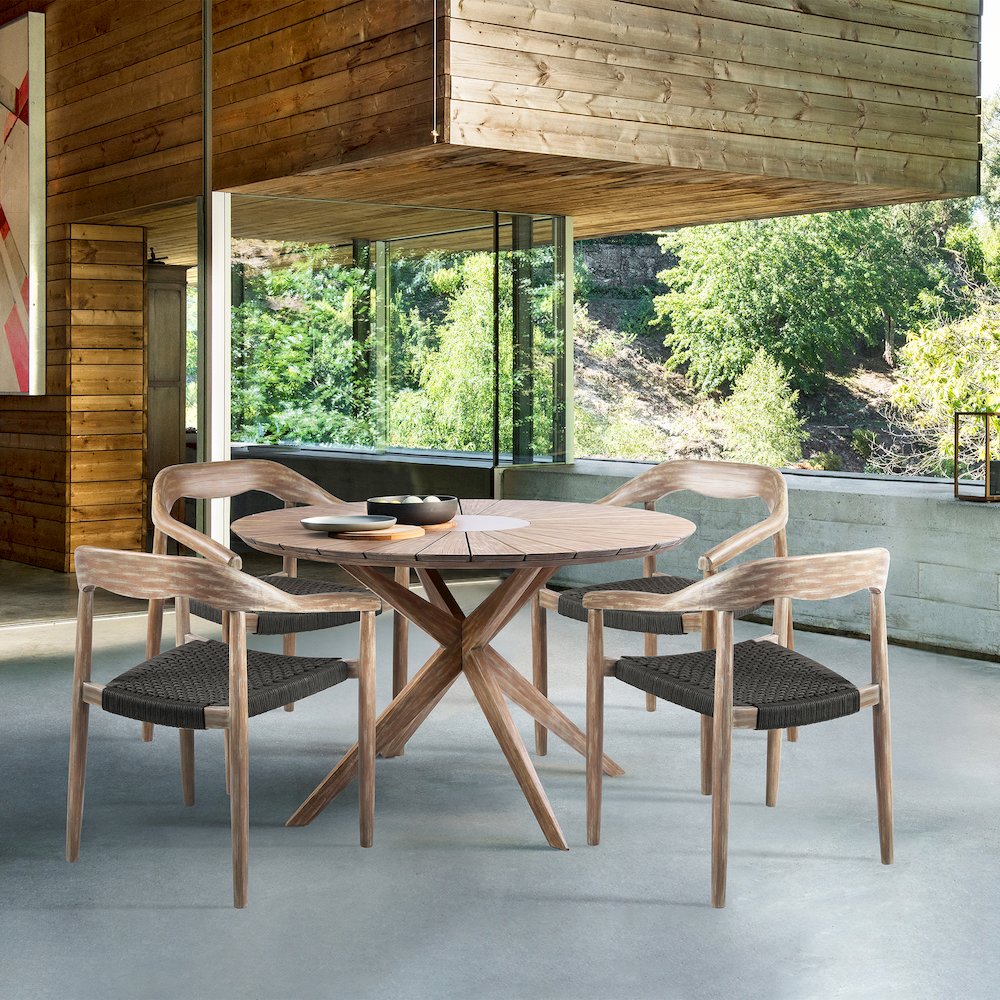 Outdoor Patio 5 Piece Round Dining Set in Eucalyptus Wood and Charcoal Rope. Picture 11