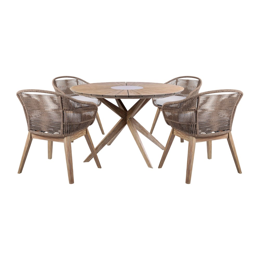 Outdoor Patio 5 Piece Round Dining Set in Eucalyptus Wood with Truffle Rope. Picture 1
