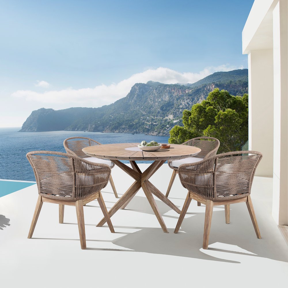 Outdoor Patio 5 Piece Round Dining Set in Eucalyptus Wood with Truffle Rope. Picture 9