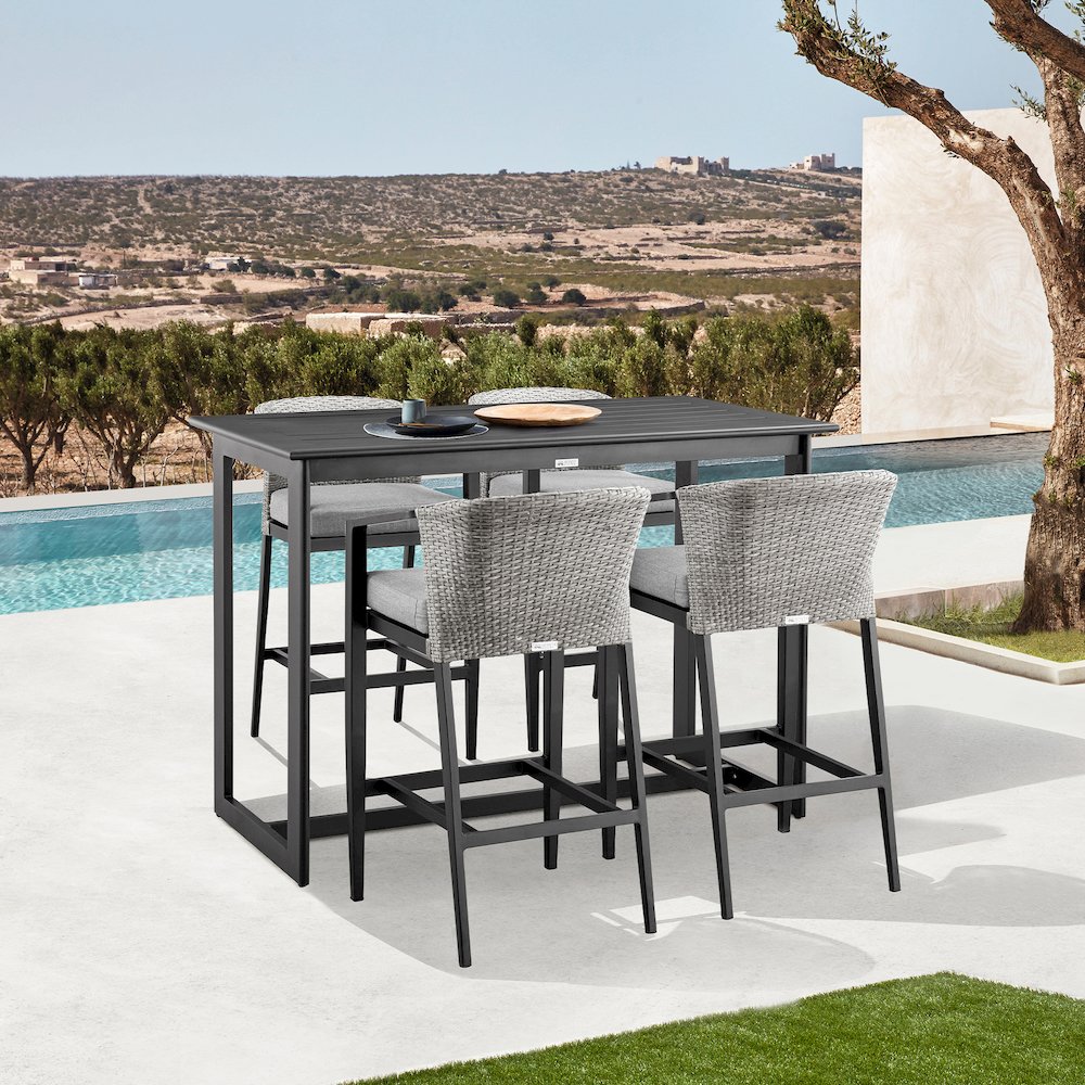 Palma Outdoor Patio 5-Piece Bar Table Set in Aluminum with Gray Cushions. Picture 10