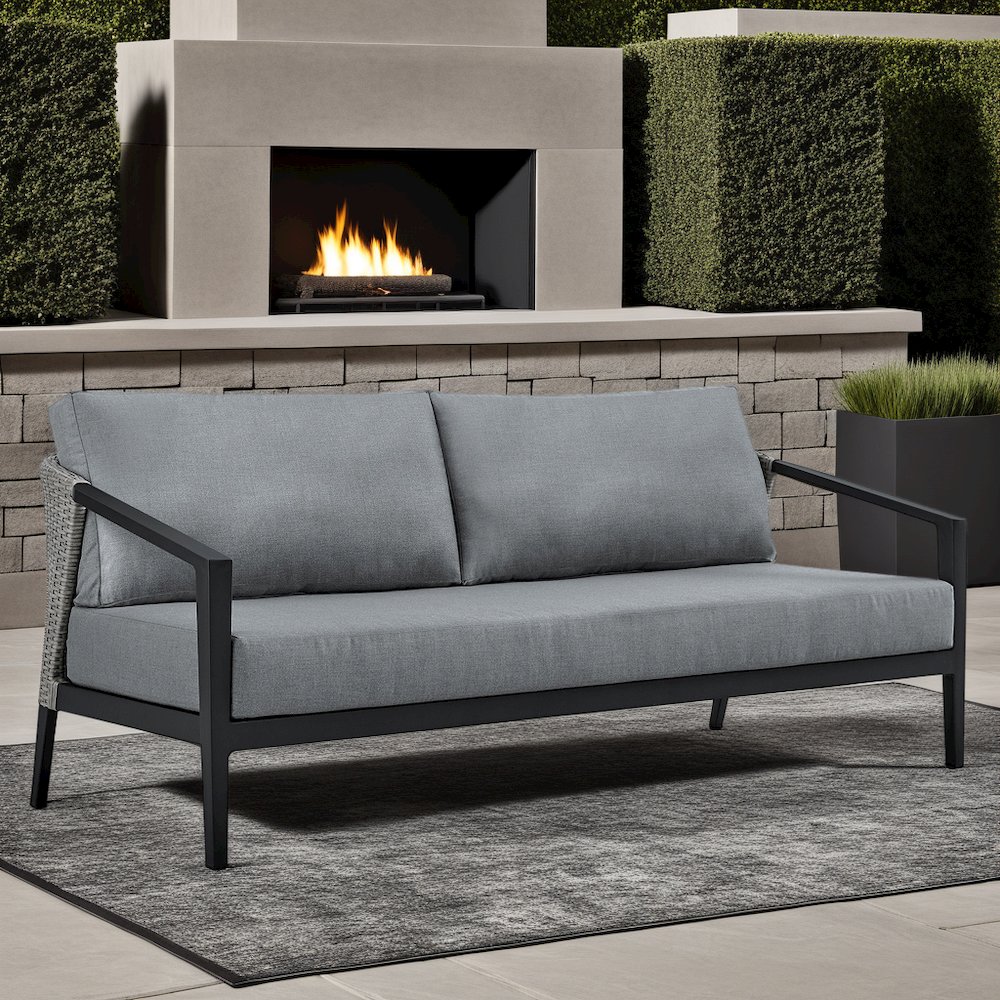 Palma Wicker and Aluminum Outdoor Sofa in Black and Dark Gray. Picture 7