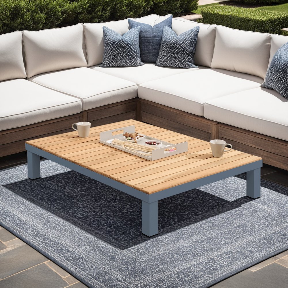 Polo Aluminum and Teak Wood Outdoor Coffee Table in Gray. Picture 6
