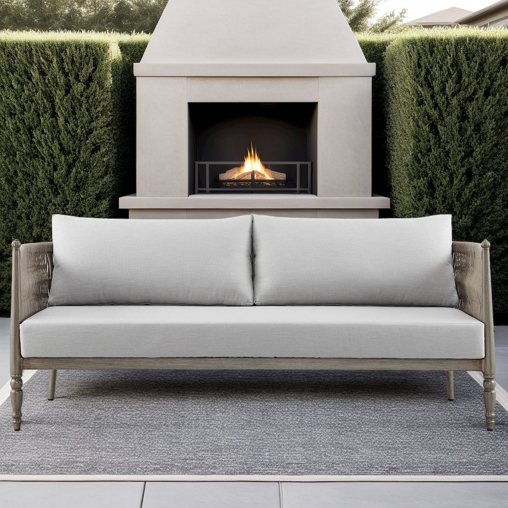Safari Aluminum and Rope Outdoor Sofa in Brown with Gray Cushions. Picture 5