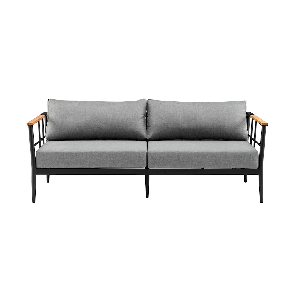 Veyda Aluminum and Teak Wood Outdoor Sofa in Black and Dark Gray. Picture 2