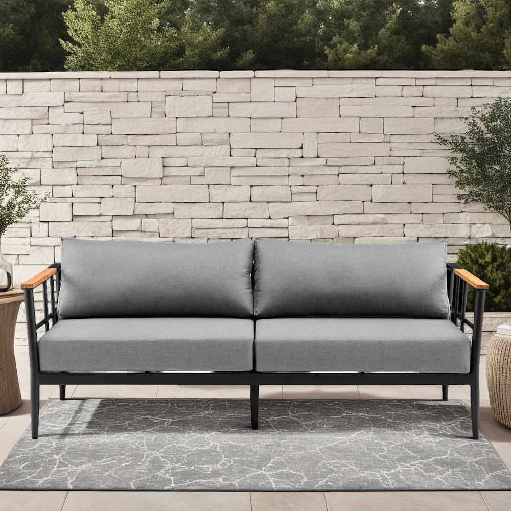 Veyda Aluminum and Teak Wood Outdoor Sofa in Black and Dark Gray. Picture 7