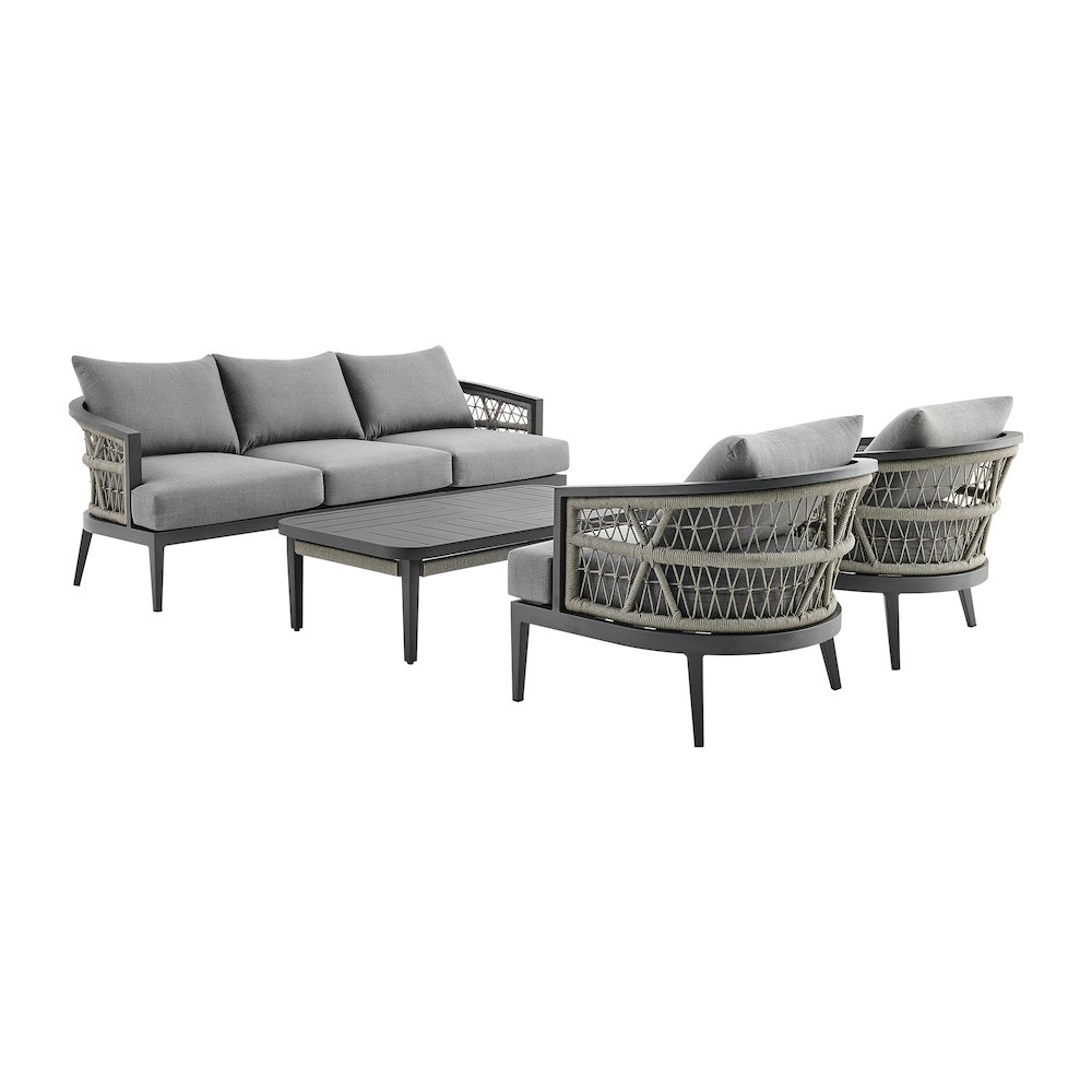 Zella Outdoor Patio 4 Piece Conversation Set in Aluminum with Light Gray Rope. Picture 1