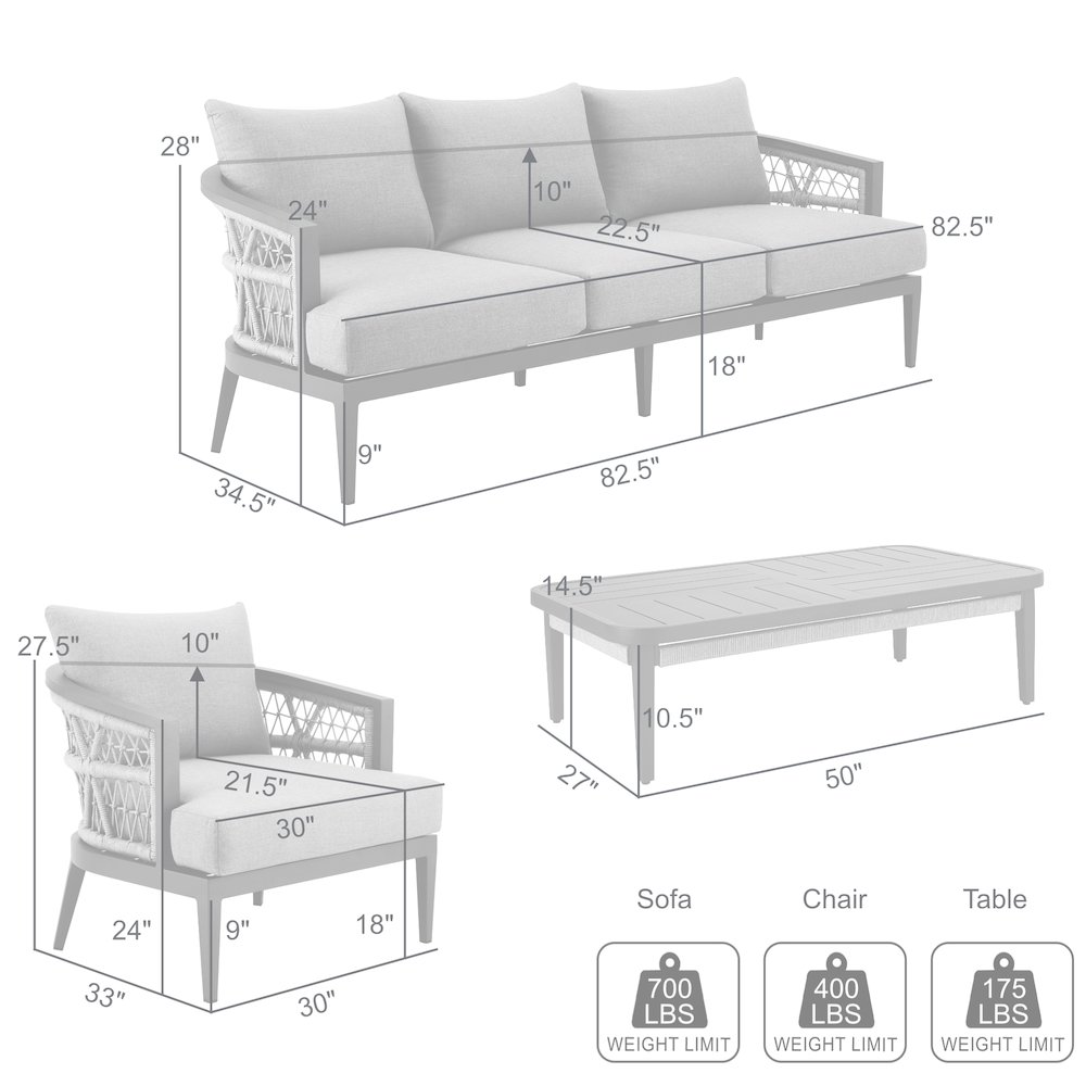 Zella Outdoor Patio 4 Piece Conversation Set in Aluminum with Light Gray Rope. Picture 11