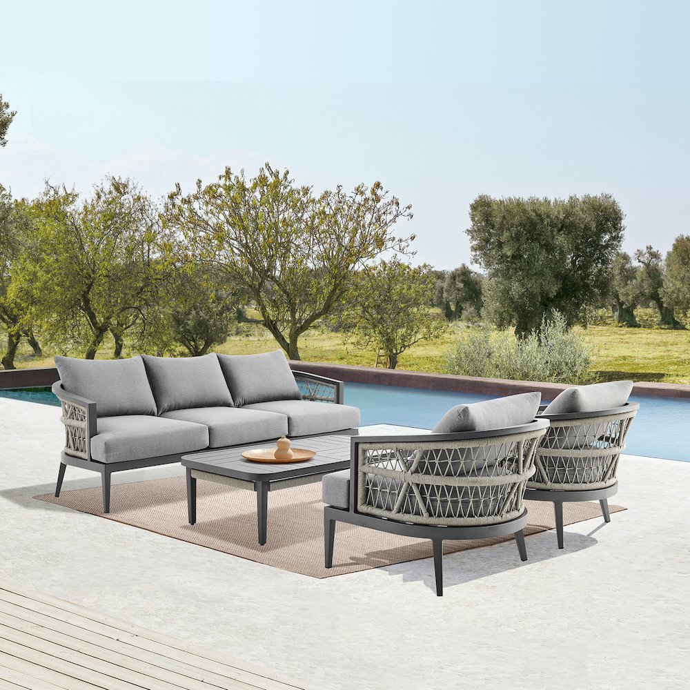Zella Outdoor Patio 4 Piece Conversation Set in Aluminum with Light Gray Rope. Picture 12