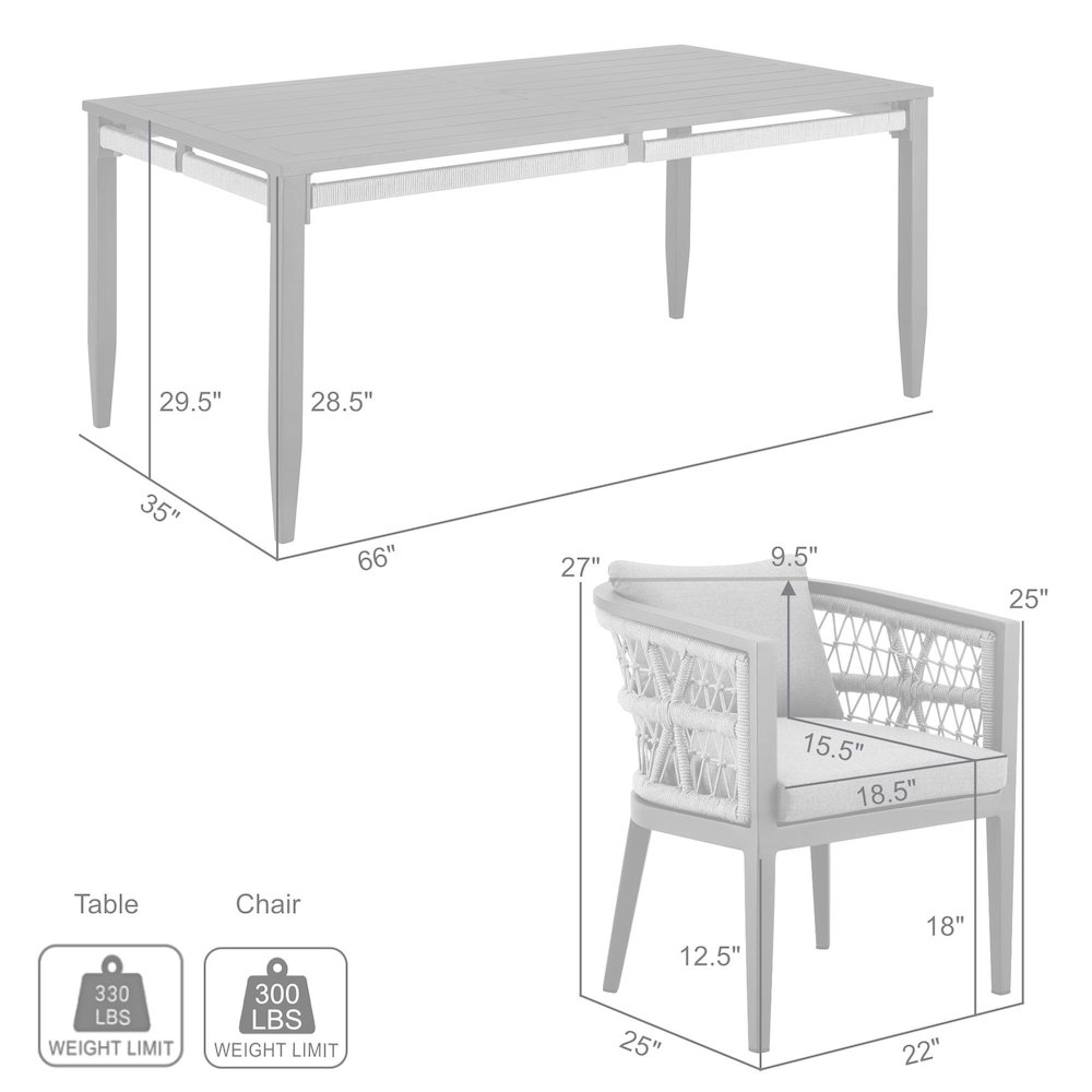 Zella Outdoor Patio 5 Piece Dining Set in Aluminum with Light Gray Rope. Picture 10