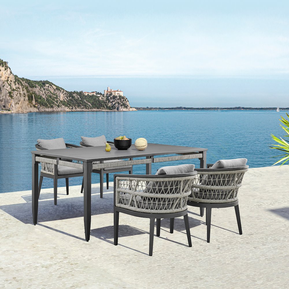 Zella Outdoor Patio 5 Piece Dining Set in Aluminum with Light Gray Rope. Picture 11