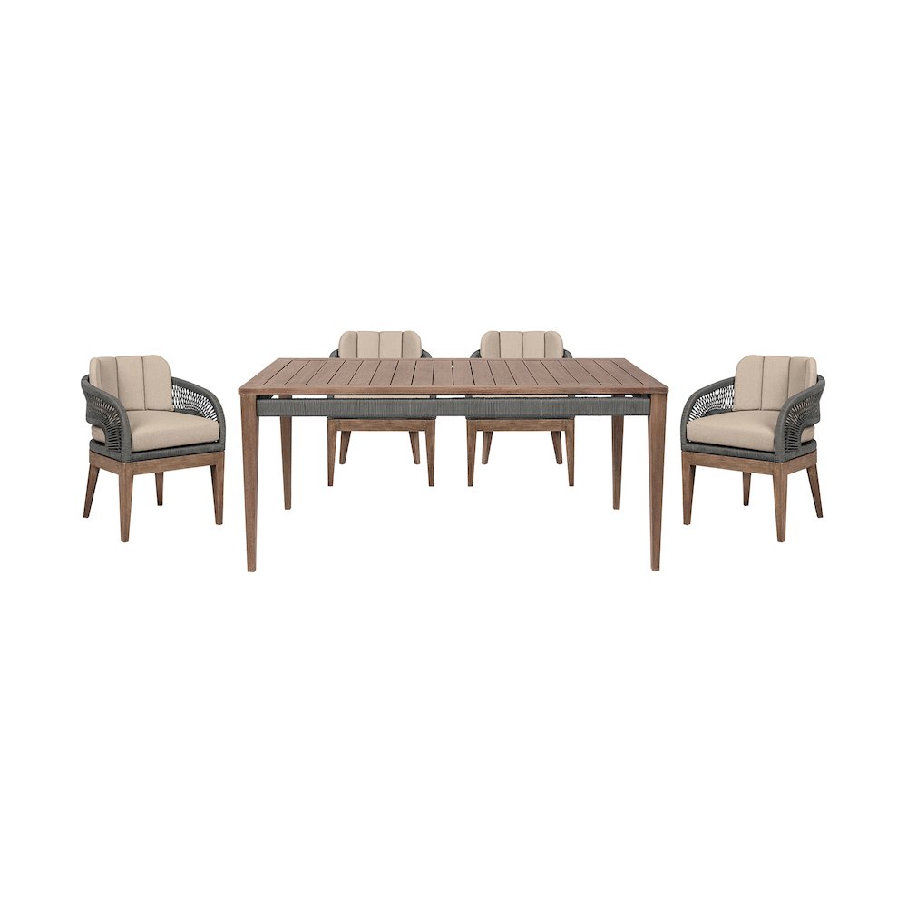 Outdoor Patio 5 Piece Dining Set in Weathered Eucalyptus Wood with Gray Rope. Picture 2