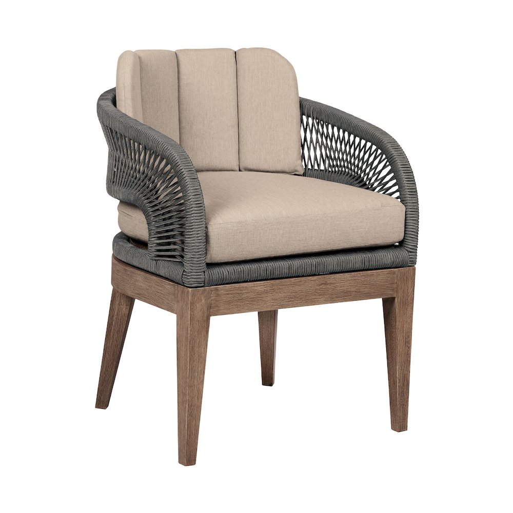 Outdoor Patio 5 Piece Dining Set in Weathered Eucalyptus Wood with Gray Rope. Picture 3