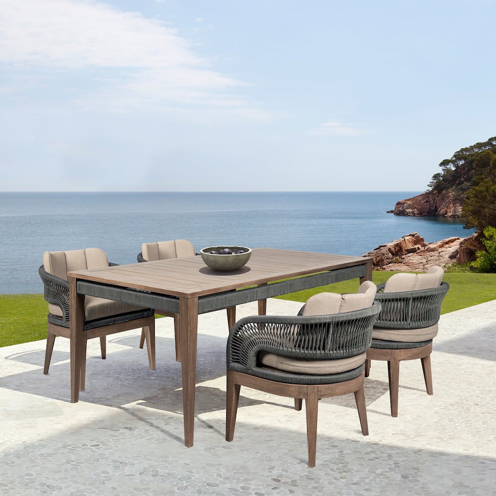 Outdoor Patio 5 Piece Dining Set in Weathered Eucalyptus Wood with Gray Rope. Picture 13