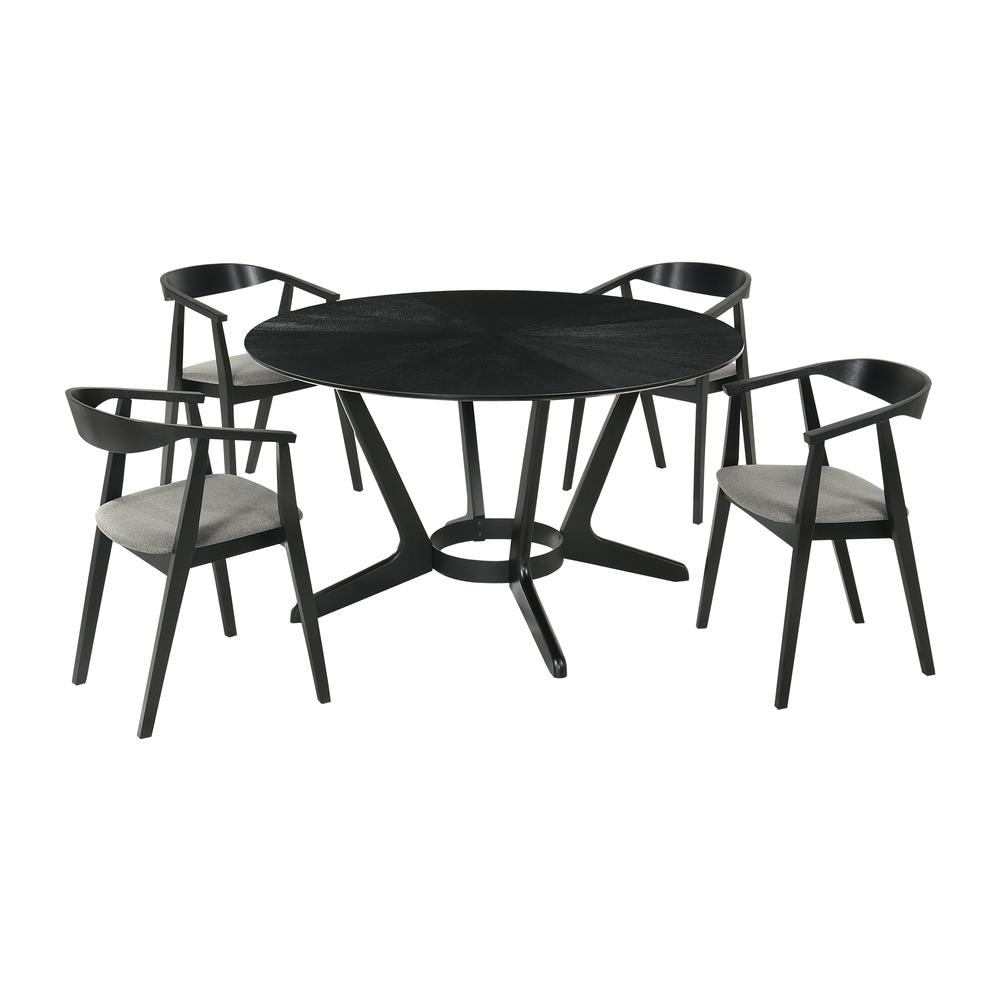 Santana 5 Piece Round Black Wood Dining Table Set with Charcoal Fabric. Picture 1