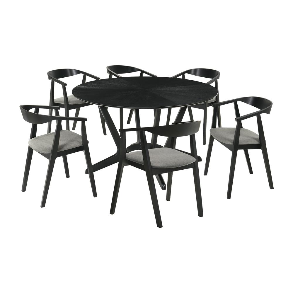 Santana 7 Piece Round Black Wood Dining Table Set with Charcoal Fabric. Picture 1