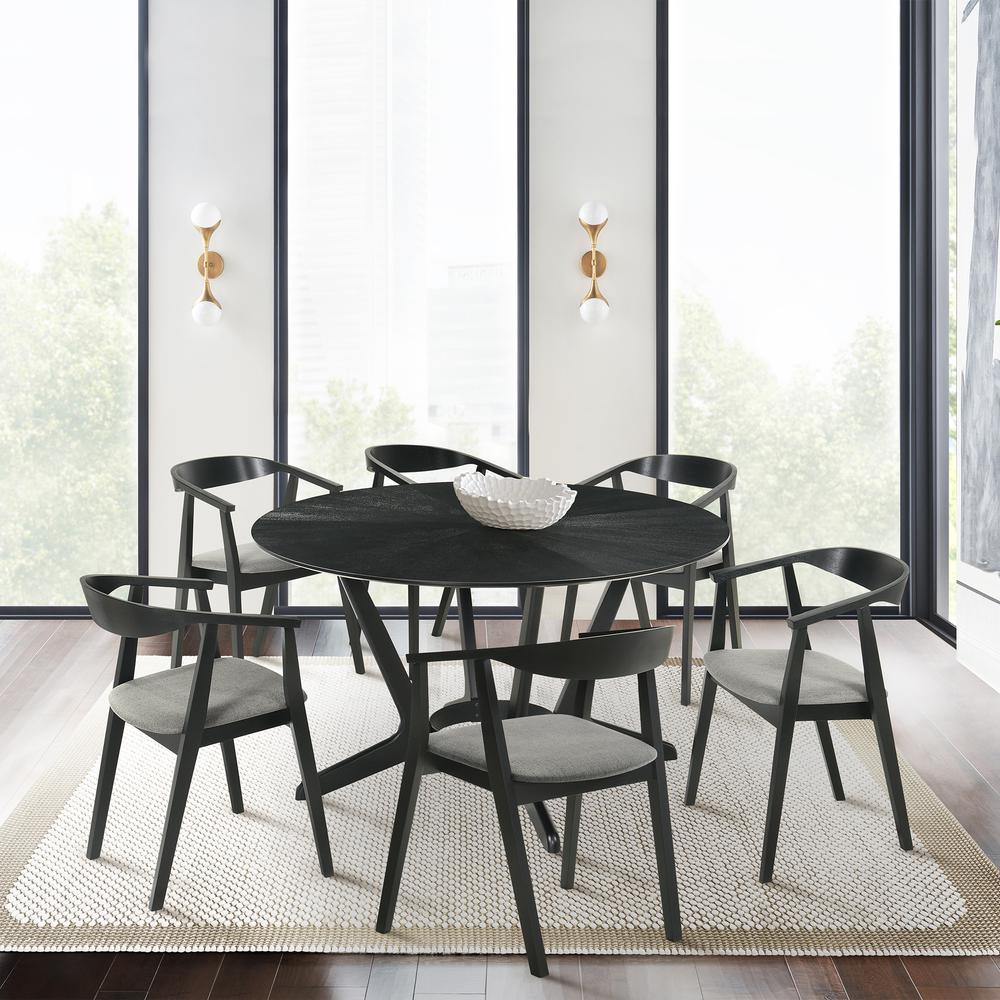 Santana 7 Piece Round Black Wood Dining Table Set with Charcoal Fabric. Picture 11