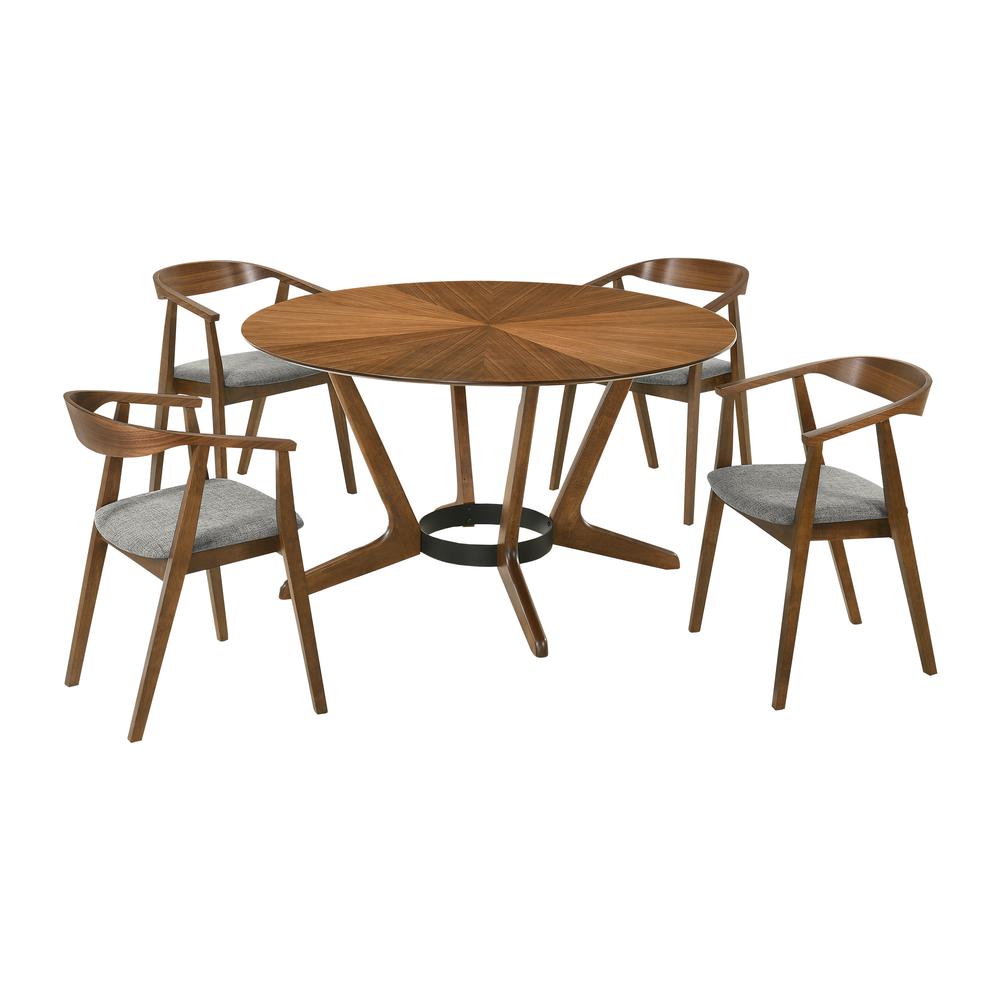 Santana 5 Piece Round Walnut Wood Dining Table Set with Charcoal Fabric. Picture 1