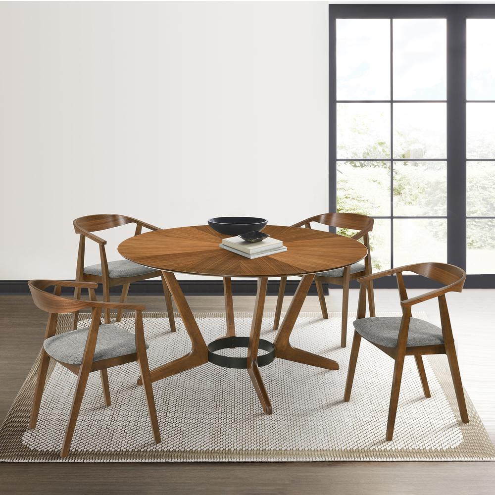 Santana 5 Piece Round Walnut Wood Dining Table Set with Charcoal Fabric. Picture 11
