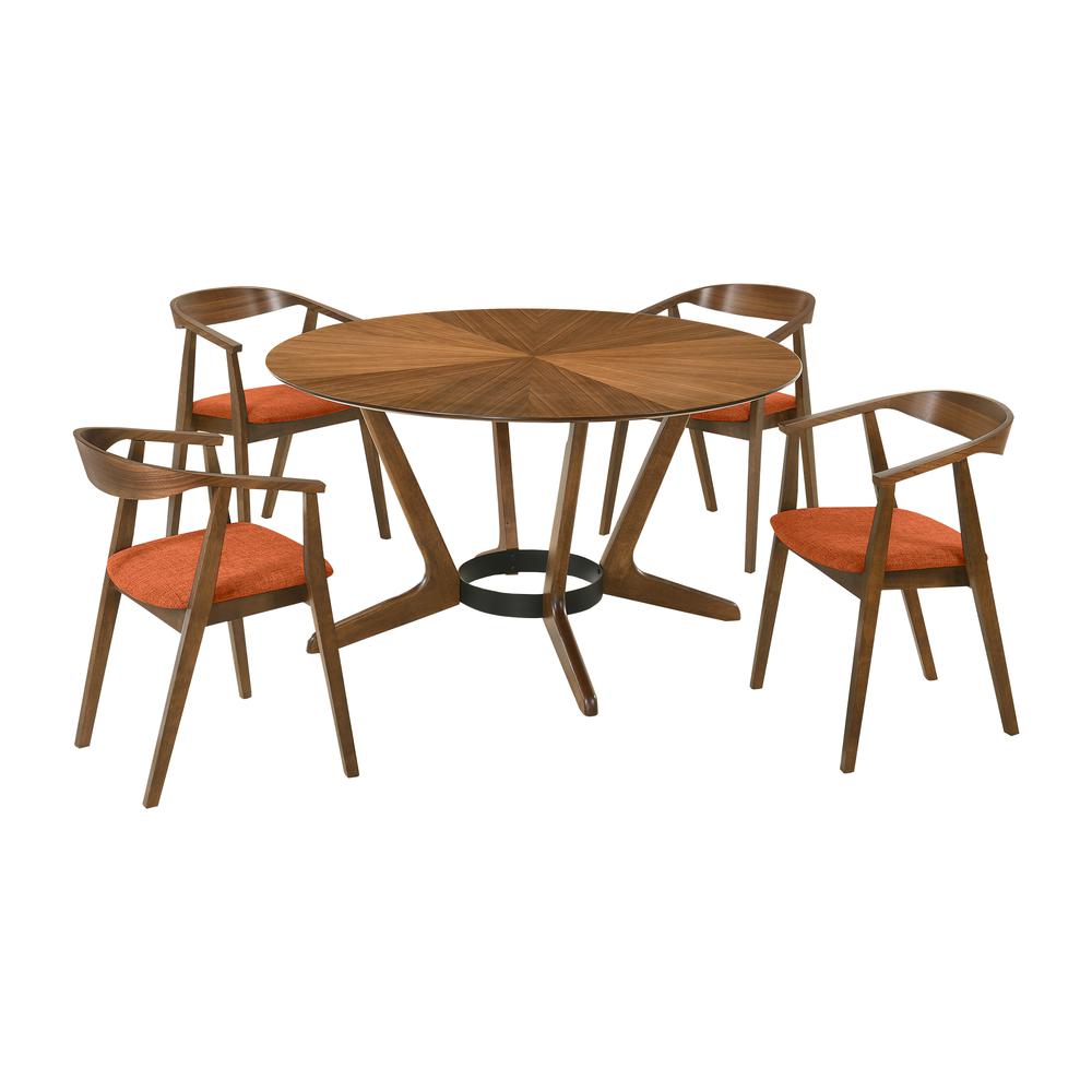 Santana 5 Piece Round Walnut Wood Dining Table Set with Orange Fabric. Picture 1