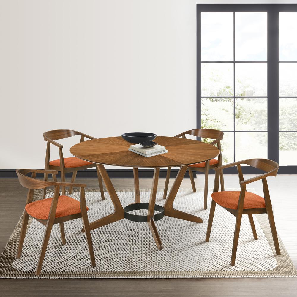 Santana 5 Piece Round Walnut Wood Dining Table Set with Orange Fabric. Picture 11