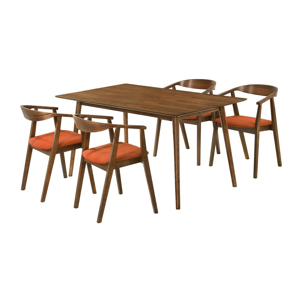 Westmont Santana 5 Piece Walnut Wood Dining Table Set with Orange Fabric. Picture 1