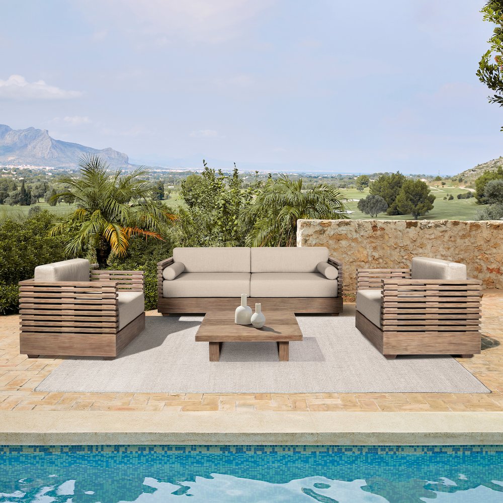 Outdoor Patio 4 Piece Conversation Set in Light Eucalyptus Wood. Picture 13