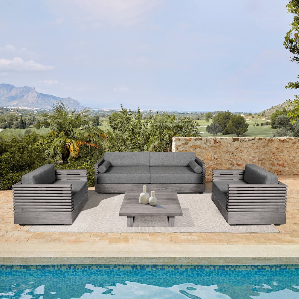 Outdoor Patio 4 Piece Conversation Set in Gray Eucalyptus Wood. Picture 13