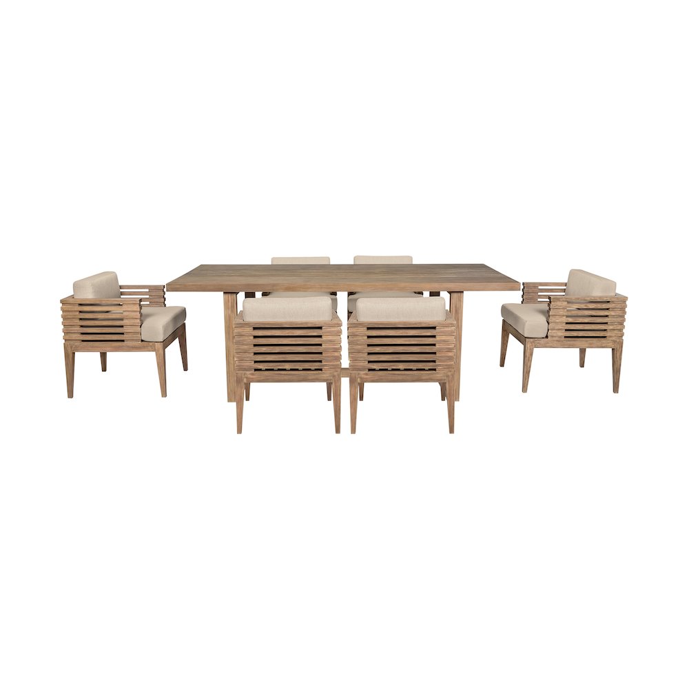 Vivid Outdoor Patio 7 Piece Dining Set in Light Eucalyptus Wood. Picture 1