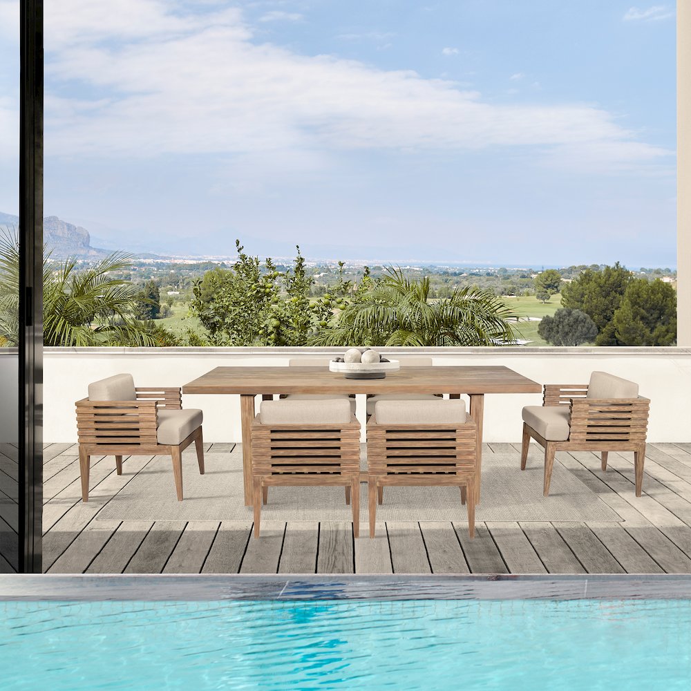 Vivid Outdoor Patio 7 Piece Dining Set in Light Eucalyptus Wood. Picture 12