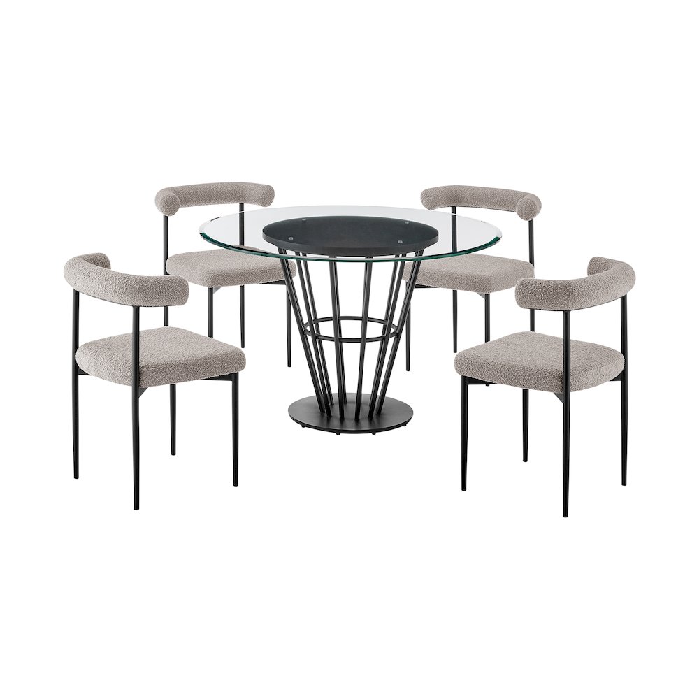 Veronica Shannon 5 Piece Round Glass Dining Table Set with Matte Black Iron. Picture 1