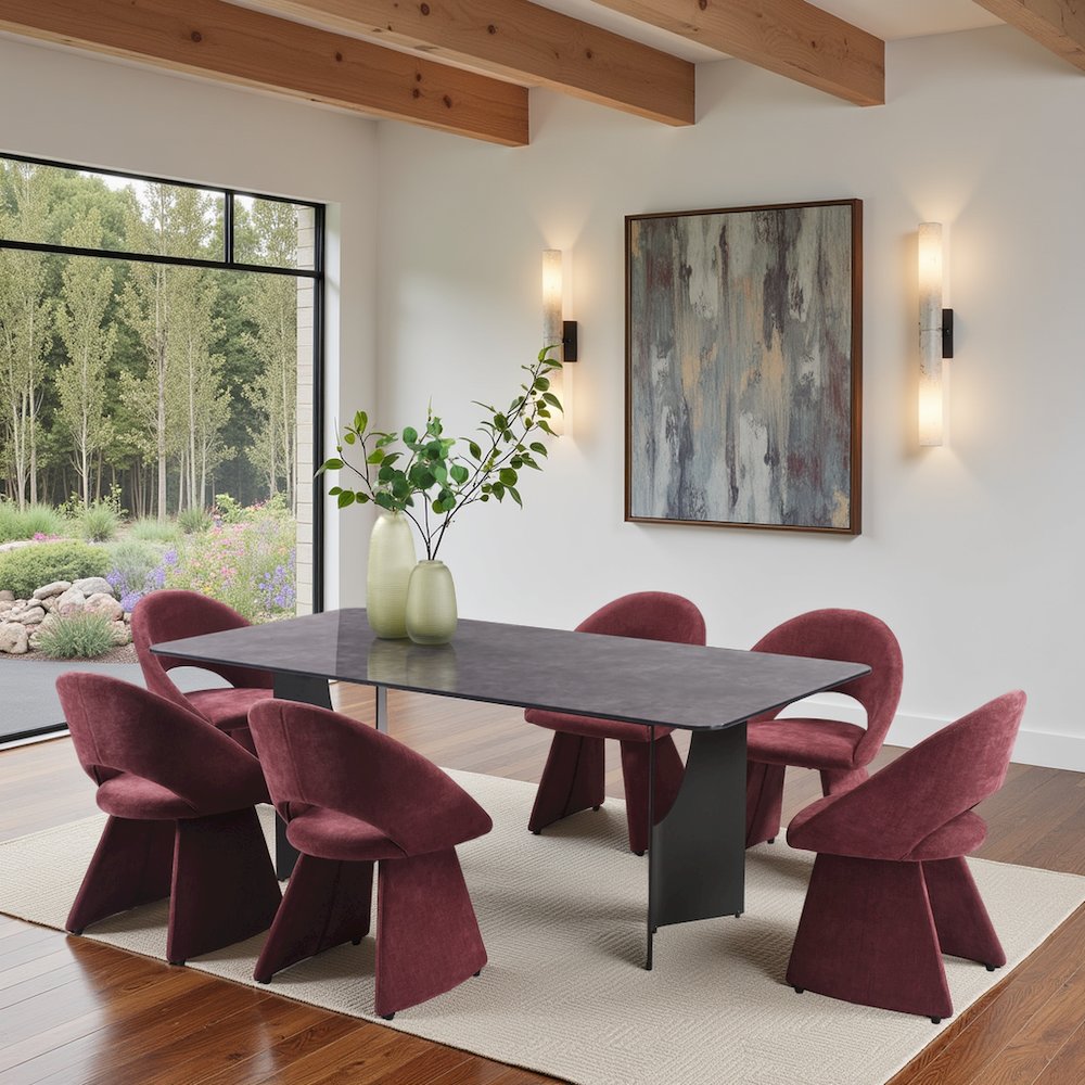Modern 7-Piece Dining Set with Gray Tempered Glass Tabletop and Plum Upholstery. Picture 8