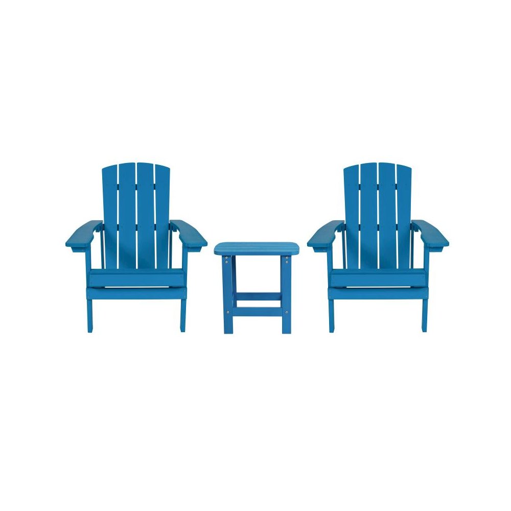 2 Pack All-Weather Poly Resin Wood Adirondack Chairs with Side Table in Blue. Picture 1