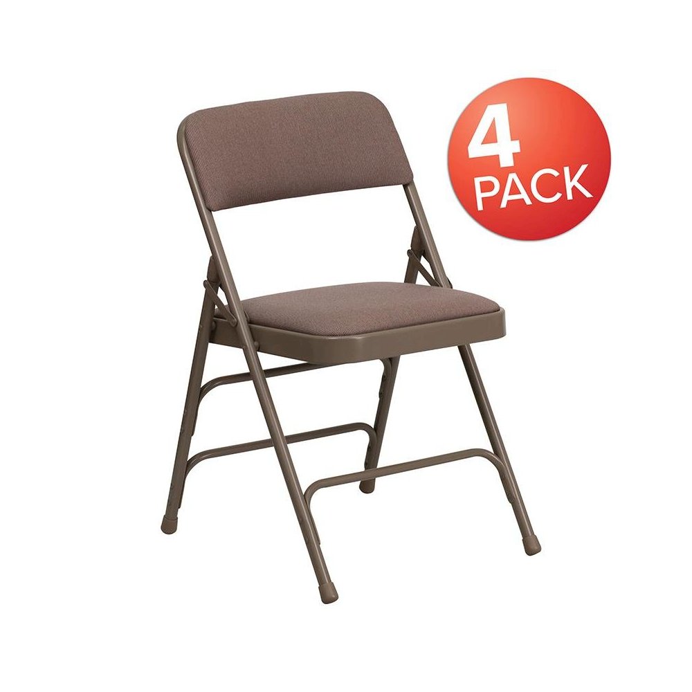 4 Pk. Curved Triple Braced & Double Hinged Beige Fabric Metal Folding Chair. Picture 1