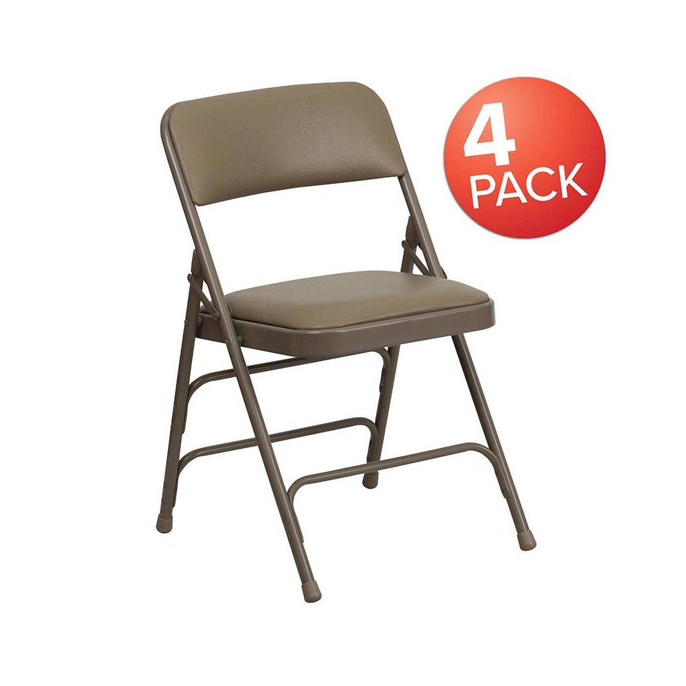 4 Pk. Curved Triple Braced & Double Hinged Beige Vinyl Metal Folding Chair. Picture 1