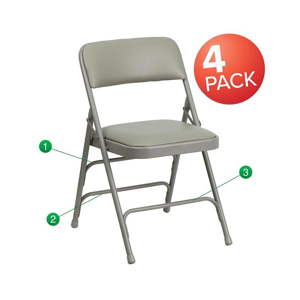 4 Pk. Curved Triple Braced & Double Hinged Gray Vinyl Metal Folding Chair. Picture 1