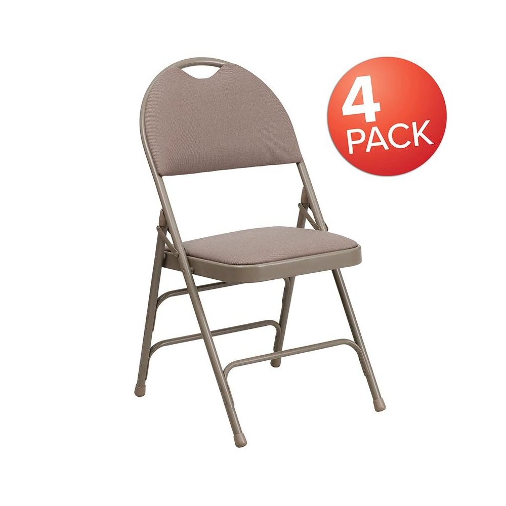 4 Pk. Triple Braced Beige Fabric Metal Folding Chair with Easy-Carry Handle. Picture 1