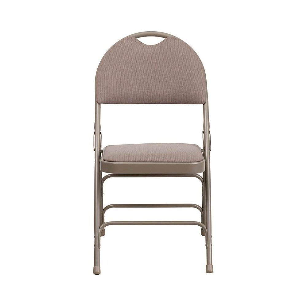 4 Pk. Triple Braced Beige Fabric Metal Folding Chair with Easy-Carry Handle. Picture 4