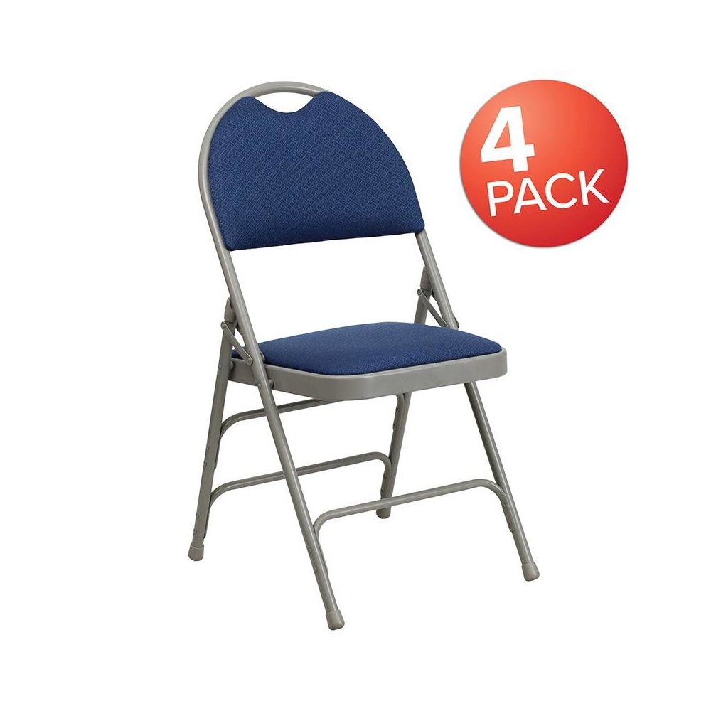 4 Pk. Triple Braced Navy Fabric Metal Folding Chair with Easy-Carry Handle. Picture 1