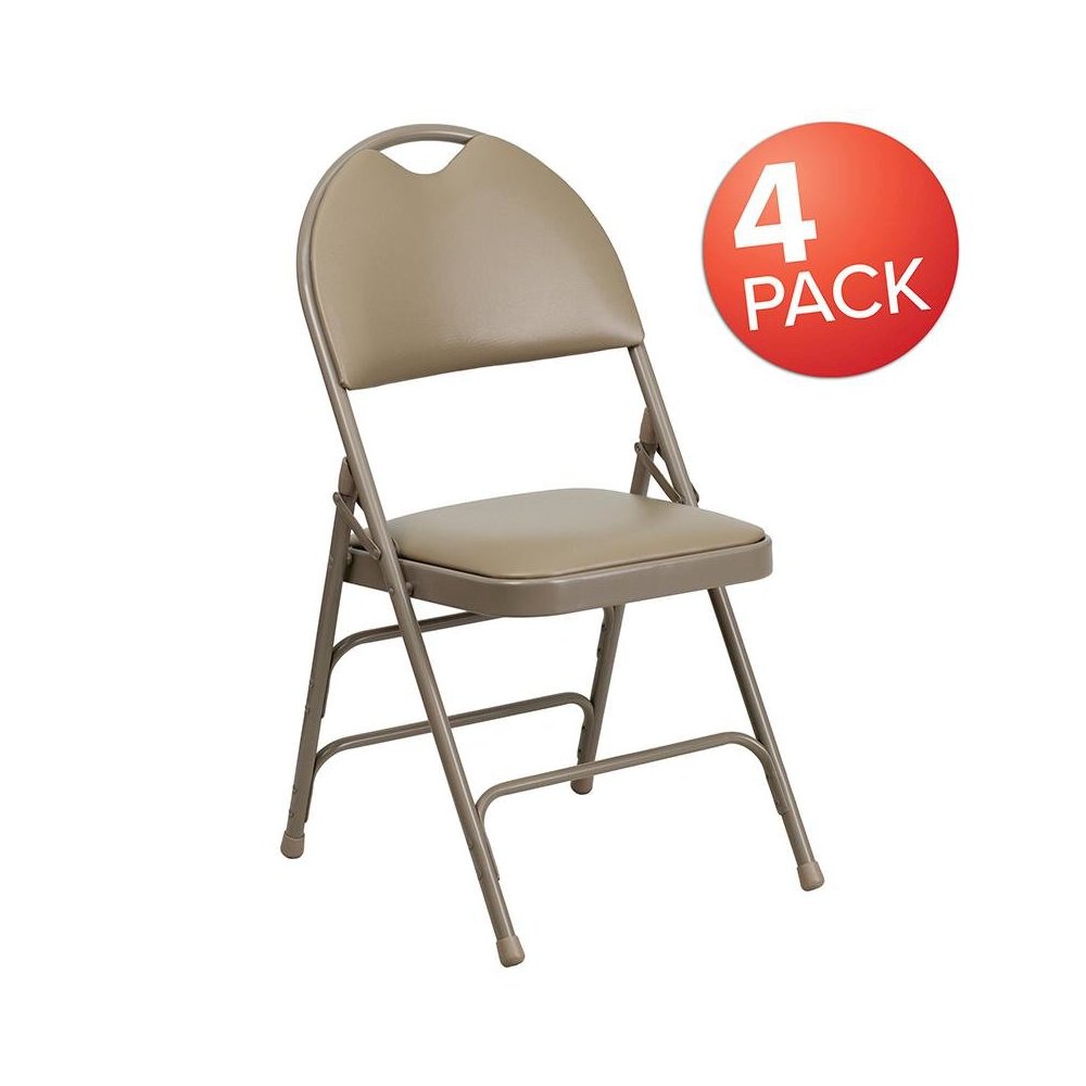 4 Pk. Triple Braced Beige Vinyl Metal Folding Chair with Easy-Carry Handle. Picture 1