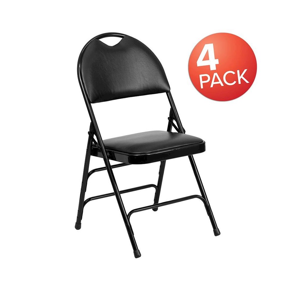 4 Pk. Triple Braced Black Vinyl Metal Folding Chair with Easy-Carry Handle. Picture 1