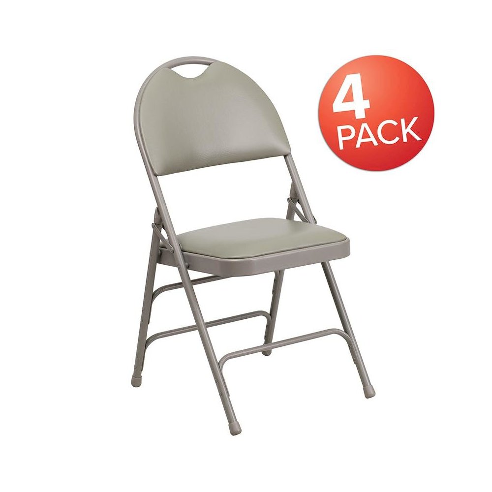 4 Pk. Triple Braced Gray Vinyl Metal Folding Chair with Easy-Carry Handle. Picture 1