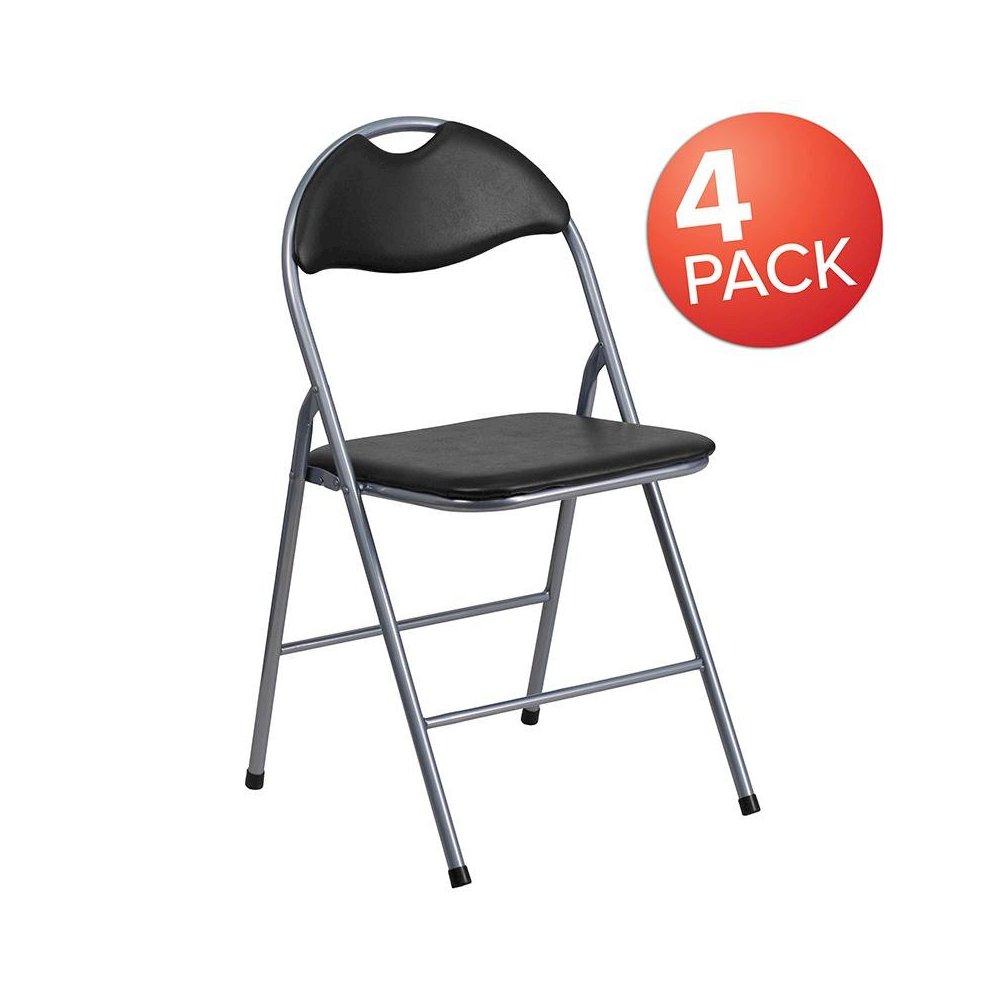 4 Pk. HERCULES Series Black Vinyl Metal Folding Chair with Carrying Handle. Picture 1