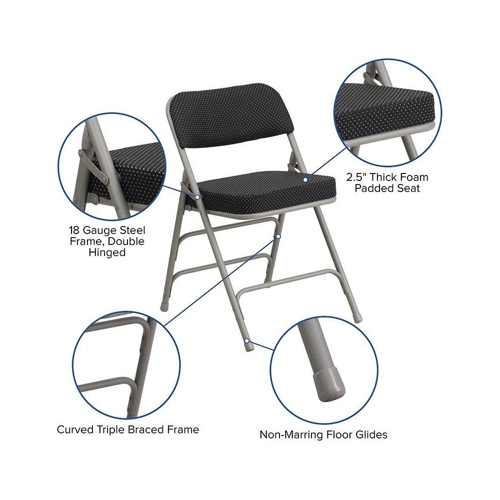 Triple Braced & Double Hinged Black Pin-Dot Fabric Metal Folding Chair pack of 4. Picture 4