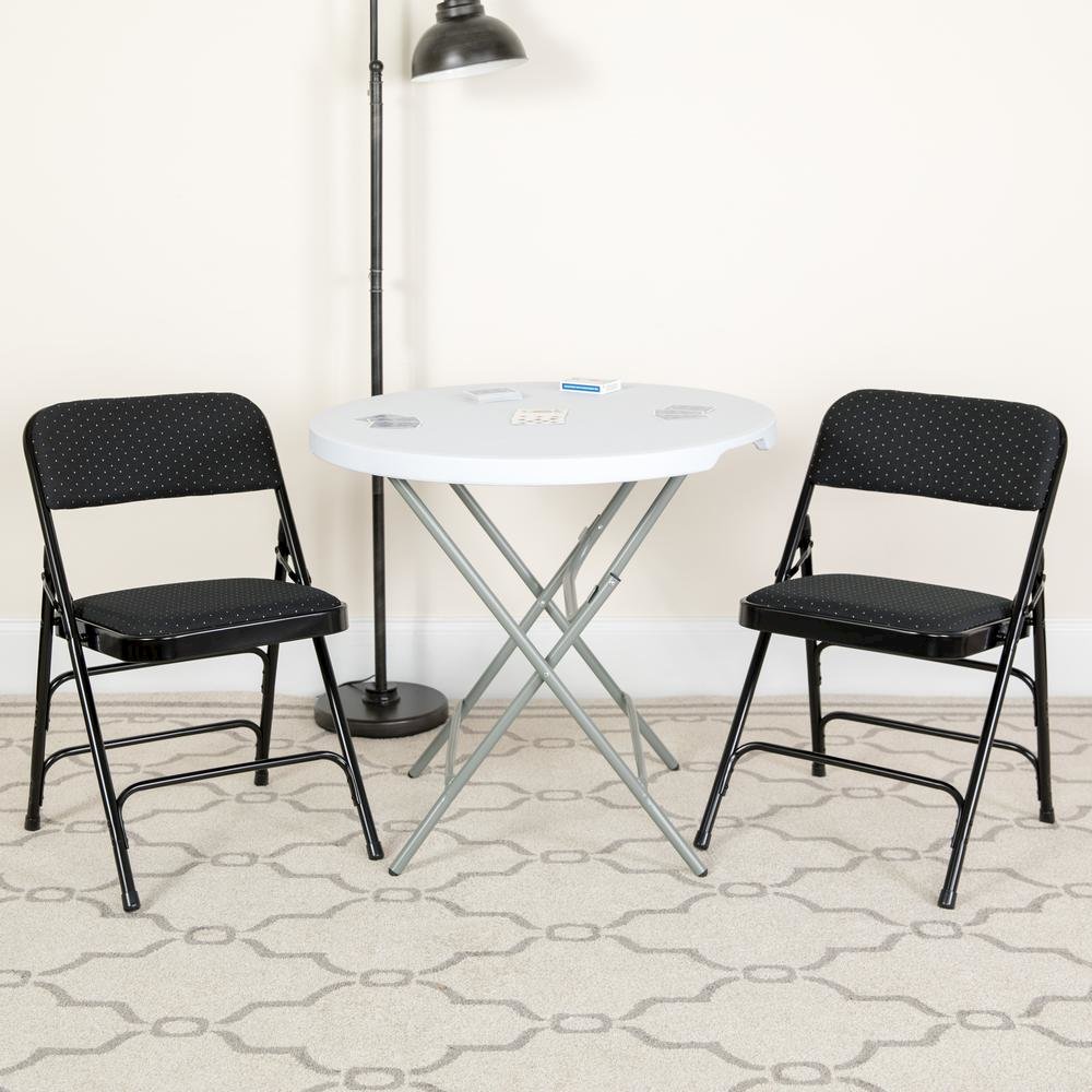 HERCULES Series Curved Triple Braced & Double Hinged Black Patterned Fabric Metal Folding Chair. Picture 2