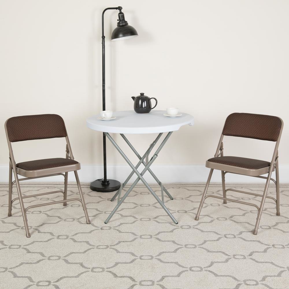 HERCULES Series Curved Triple Braced & Double Hinged Brown Patterned Fabric Metal Folding Chair. Picture 2