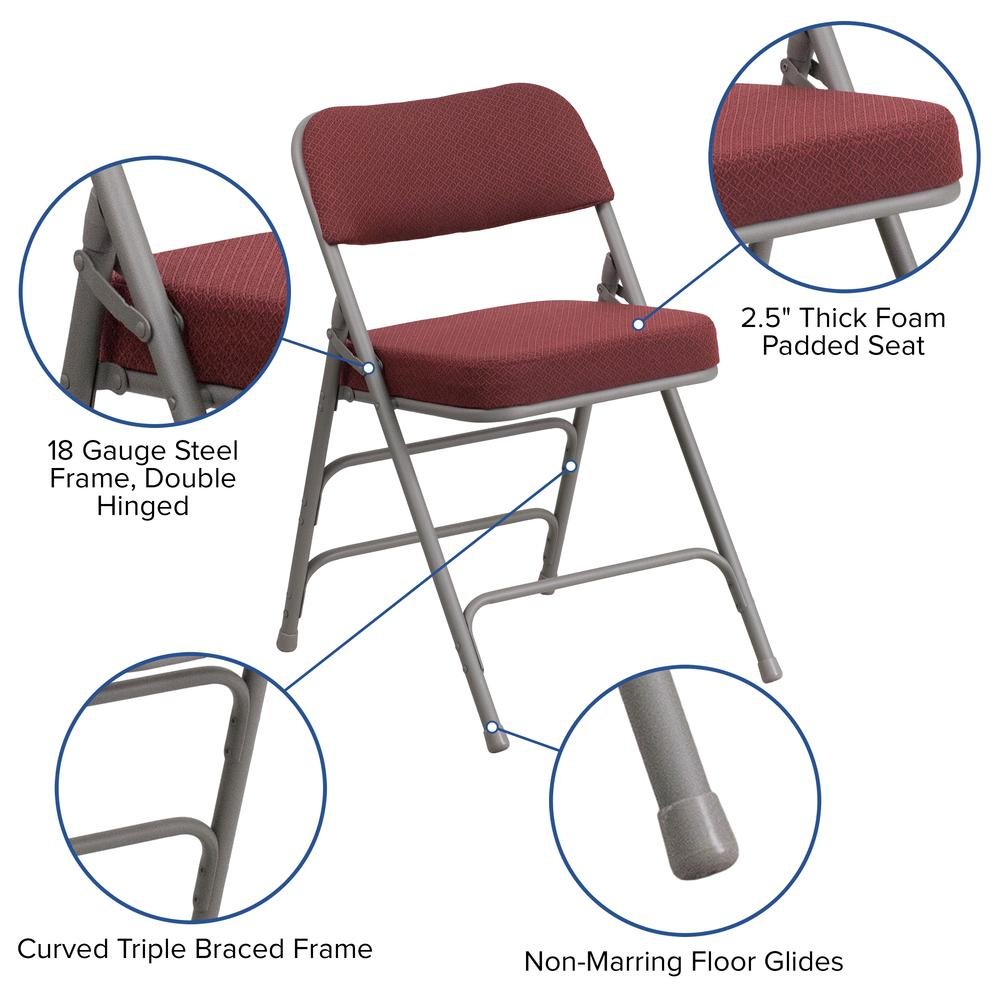 HERCULES Series Premium Curved Triple Braced & Double Hinged in Burgundy Fabric Metal Folding Chair. Picture 3